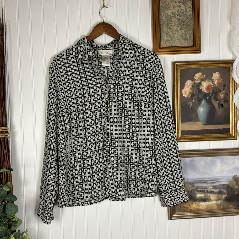 Fred David Button Up Blouse Womens XL Black White Geometric Long Sleeve Shirt